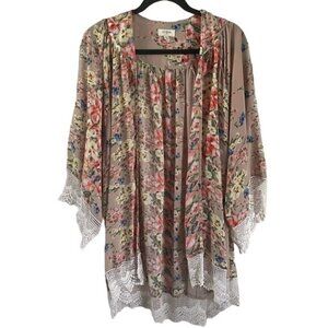 Umgee Tan Floral Kimono Cover, Lace Detail, Sz M/L